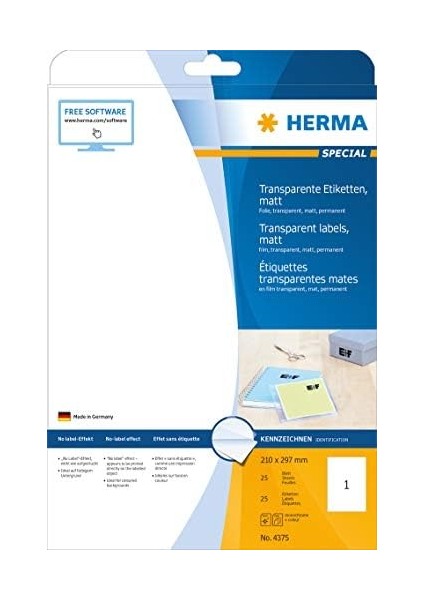 4375 Hava Şartlarına Dayanıklı Folyo Etiketleri Dın A4 Şeffaf 210 x 297 Mm, 25 Yaprak, Polyester Folyo, Mat Kendinden Yapışkanlı, Yazdırılabilir, Kalıcı Yapışan Yapışkan Folyo, 25 Yapışkan
