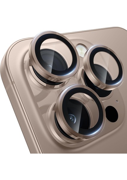 Apple iPhone 16 Pro ve Apple iPhone 16 Pro Max Kamera Camı Lens Koruyucu Halka Set - Çöl Titanyum