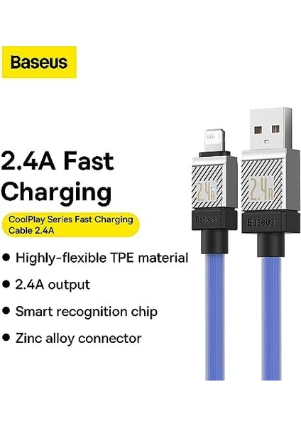Coolplay Serisi Hızlı Şarj Kablosu USB To Ip 2.4A, 1m, Mavi