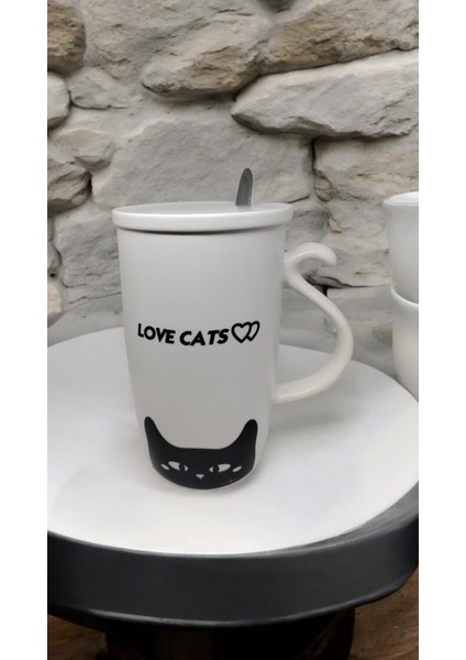 Kedi Temalı Kapaklı Kaşıklı Bardak