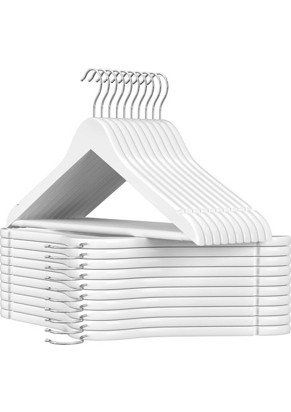 Ahşap Elbise Askısı, 20'li Set, Masif Ahşap Askılar, Omuz Bölgesinde Çentikler, Kaymaz Pantolon Çubuğu, 360° Dönebilen Kanca, Takım Elbise, Gömlek Için, Beyaz-Gümüş CRW03W-20