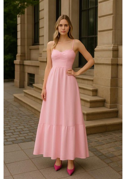 Melinda Ip Askılı Pembe Elbise