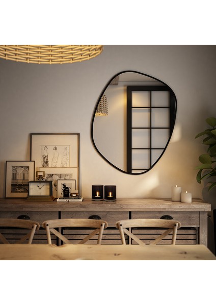 Organik Formlu Duvar Aynası – Modern Mdf Siyah Çerçeveli, Rustik & Boho Stil Uyumlu (AYP186)