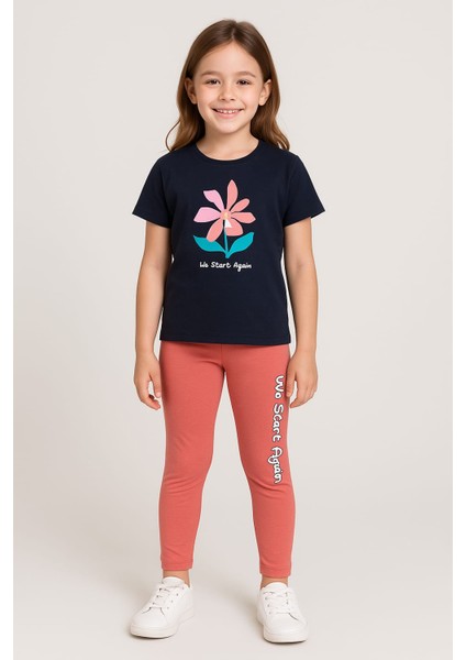 Kız Çocuk Siyah We Start Again Baskılı Tişört Pembe Tayt 2'li Yazlık Takım (3-7 Yaş)