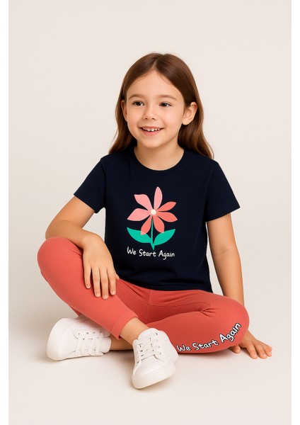 Kız Çocuk Siyah We Start Again Baskılı Tişört Pembe Tayt 2'li Yazlık Takım (3-7 Yaş) fiyatları