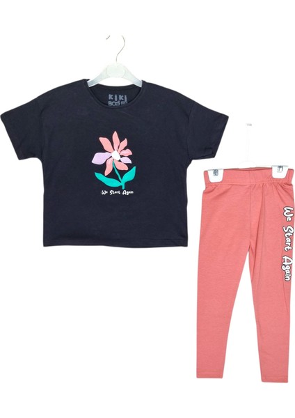 Kız Çocuk Siyah We Start Again Baskılı Tişört Pembe Tayt 2'li Yazlık Takım (3-7 Yaş) fırsatları