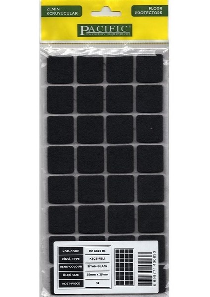 Pacific 6025 Bl Yapışkanlı Keçe 25 mm x 25 mm Siyah