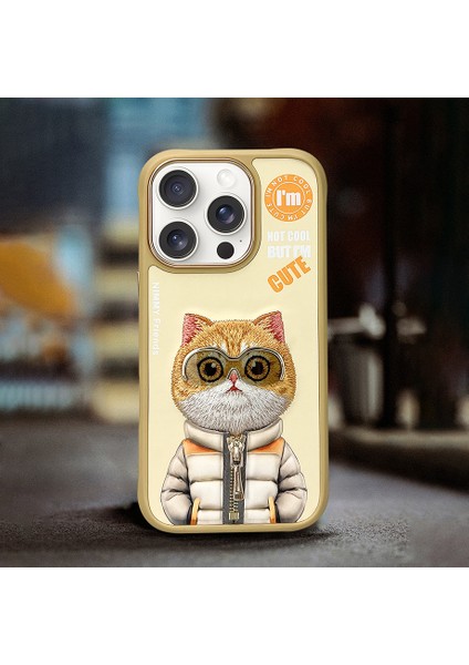 iPhone 16 Pro Uyumlu 3D Gözlük Fermuar Hipster Kedi Nakış İşlemeli Kabartmalı Cool Cute Kılıf
