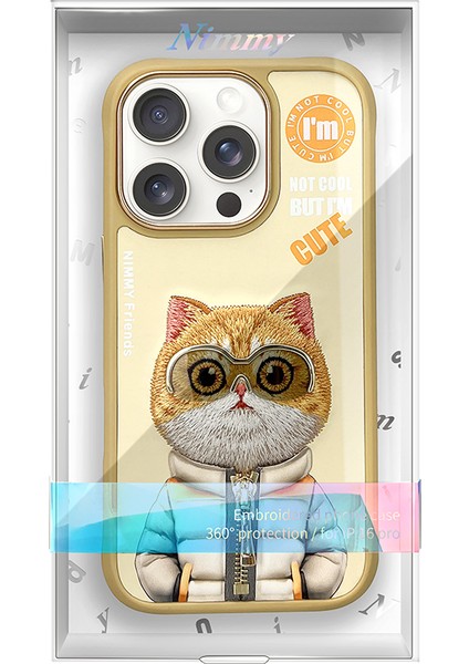 iPhone 16 Pro Uyumlu 3D Gözlük Fermuar Hipster Kedi Nakış İşlemeli Kabartmalı Cool Cute Kılıf