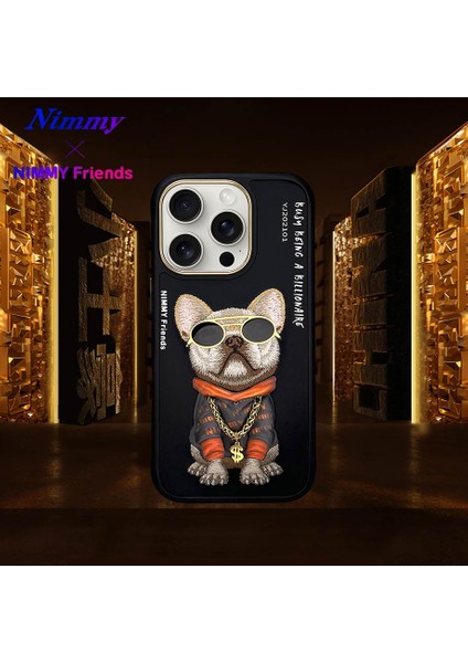 iPhone 16 Pro Uyumlu 3D Gözlük Zincir Köpek Detaylı Nakış İşlemeli Kabartmalı Cool Glasses Kılıf
