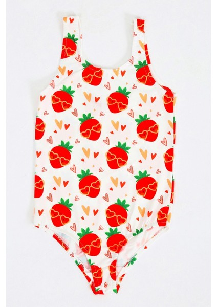 Kız Çocuk Mayo Kalpli Çilek Desenli Hızlı Kuruyan Rahat Plaj Mayosu