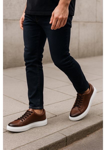 GR0310 Hakiki Özel Yapım Floter Deri Yüksek Eva Taban Kahverengi Sneakers Erkek Ayakkabı