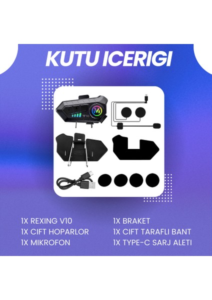 V10 | Bluetooth Kask Intercom | Uzun Süreli Batarya | Su Geçirmez | Çift Hoparlör