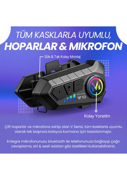 V10 | Bluetooth Kask Intercom | Uzun Süreli Batarya | Su Geçirmez | Çift Hoparlör
