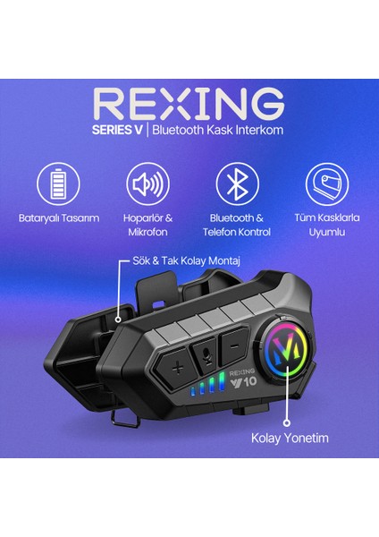 V10 | Bluetooth Kask Intercom | Uzun Süreli Batarya | Su Geçirmez | Çift Hoparlör