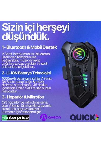 V10 | Bluetooth Kask Intercom | Uzun Süreli Batarya | Su Geçirmez | Çift Hoparlör