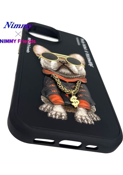 iPhone 15 Pro Uyumlu 3D Gözlük Zincir Köpek Detaylı Nakış İşlemeli Kabartmalı Cool Glasses Kılıf