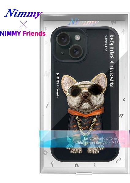 iPhone 15 Pro Uyumlu 3D Gözlük Zincir Köpek Detaylı Nakış İşlemeli Kabartmalı Cool Glasses Kılıf