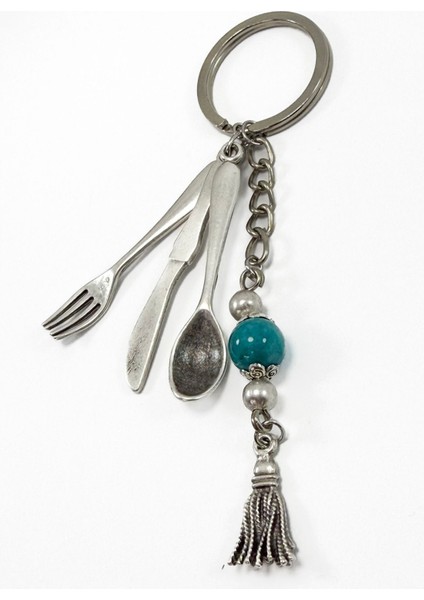 Zincirli Turkuaz Doğal Taşlı Metal Minyatür Bıçak Kaşık Çatal Anahtarlık, Minyatür Anahtarlık