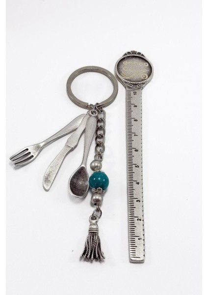 Zincirli Turkuaz Doğal Taşlı Metal Minyatür Bıçak Kaşık Çatal Anahtarlık, Minyatür Anahtarlık modelleri