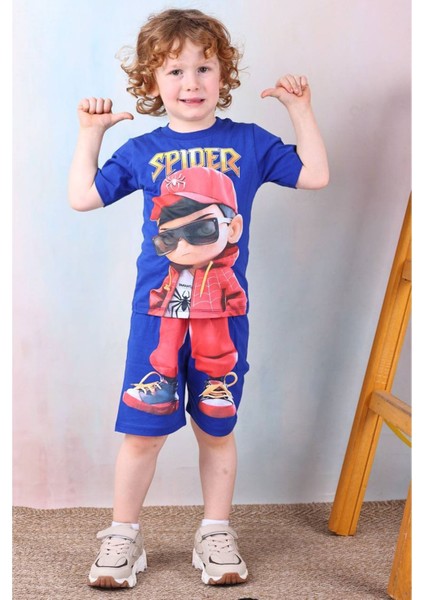 Pjkskt Örümcek Adam Desenli Saks Mavi Şortlu Erkek Çocuk Kısa Kol Takım 7517-SM