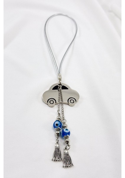 El Yapımı Cam Nazar Boncuk Püsküllü Çelik Araba Figürlü Araç Dikiz Ayna Süsü