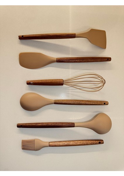 Doğal Ahşap Saplı Silikon 6 Parça Mutfak Seti (Spatula-Çırpma Teli-Kaşık-Kepçe-Fırça-Yassı Spatula)