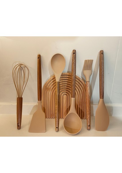 Doğal Ahşap Saplı Silikon 6 Parça Mutfak Seti (Spatula-Çırpma Teli-Kaşık-Kepçe-Fırça-Yassı Spatula)