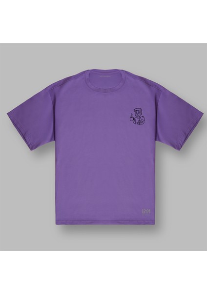 Baba ve Kahve Minimal Çizimli Mor Oversize Tişört
