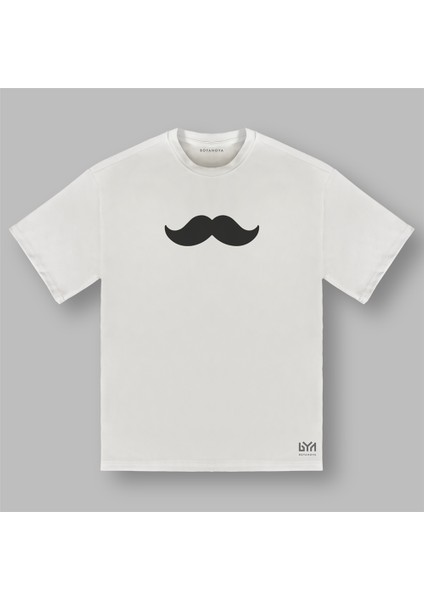 Minimalist Bıyık Baskılı Ekru Oversize Tişört