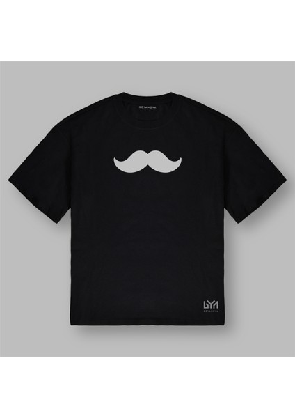 Minimalist Bıyık Baskılı Siyah Oversize Tişört