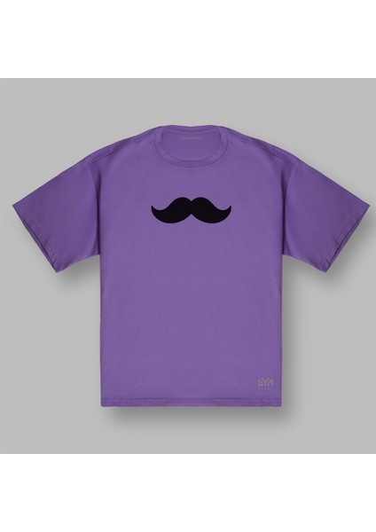 Minimalist Bıyık Baskılı Mor Oversize Tişört