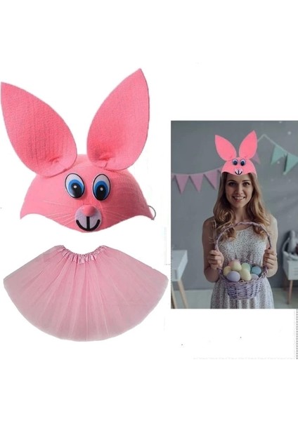 Tavşan Kostümü Pembe - 23 Nisan Tavşan Şapka ve Tütü Etek Seti 2 Parça
