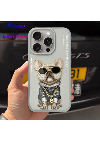 iPhone 15 Pro Uyumlu 3D Gözlük Dolar Zincir Köpek Nakış İşlemeli Kabartmalı Cool Glasses Kılıf