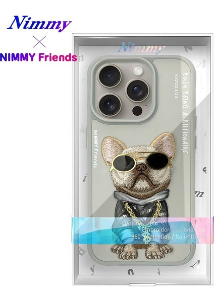 iPhone 15 Pro Uyumlu 3D Gözlük Dolar Zincir Köpek Nakış İşlemeli Kabartmalı Cool Glasses Kılıf