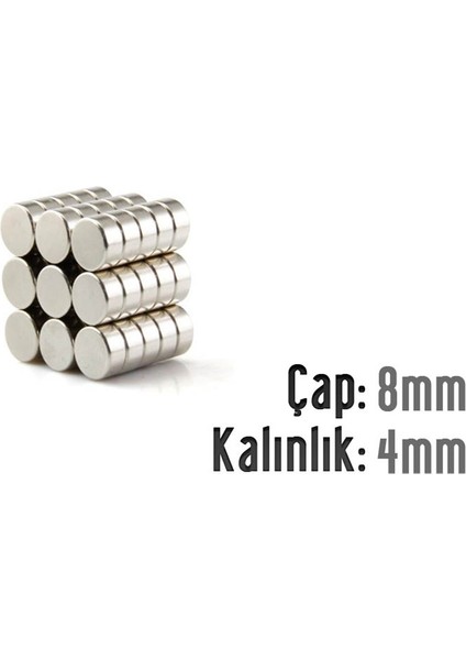 Neodyum Mıknatıs Silindir Çap 8mm , Kalınlık 4mm ( 10 Adet)