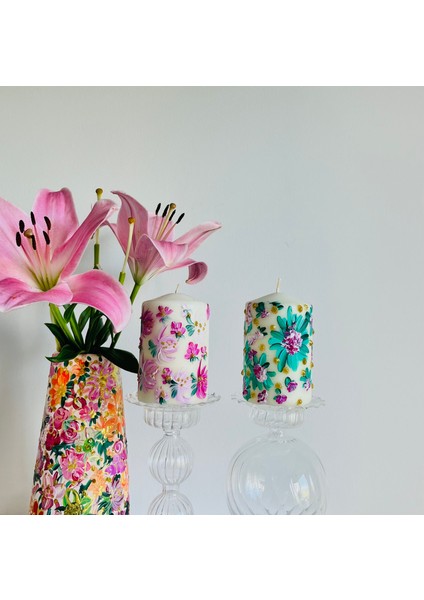 El Boyaması Çiçek Desenli Dekoratif Silindir Mum Seti – Şık ve Özel Tasarım