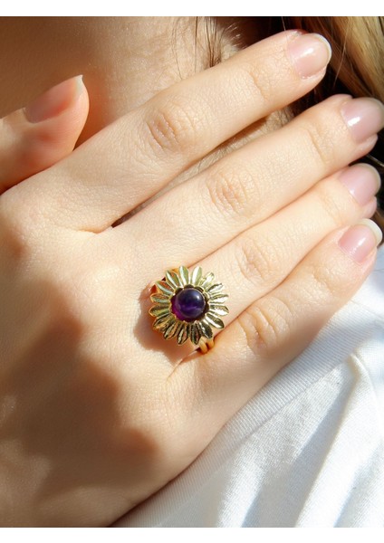 Doğal Taş Ametist Doğal Taşlı Papatya Modelli Kadın Ayarlanabilir Altın Kaplama Yüzük EUY64AMTG
