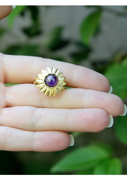 Doğal Taş Ametist Doğal Taşlı Papatya Modelli Kadın Ayarlanabilir Altın Kaplama Yüzük EUY64AMTG modelleri
