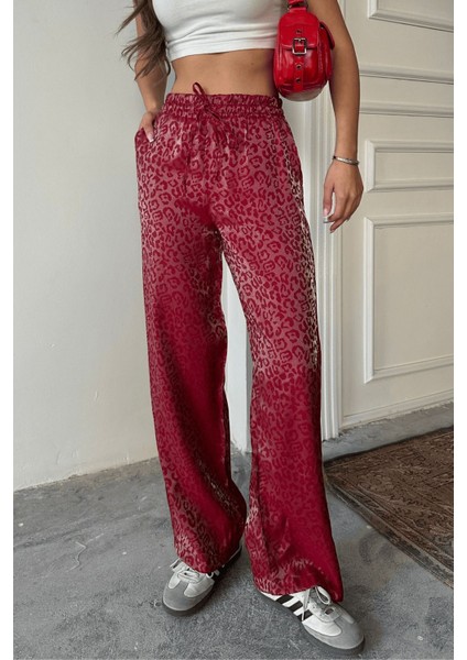 Kadın Leopar Desenli Yüksek Bel Saten Pantolon