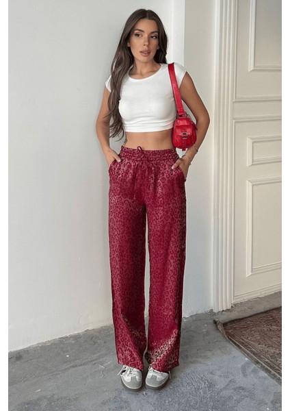 Kadın Leopar Desenli Yüksek Bel Saten Pantolon fırsatları