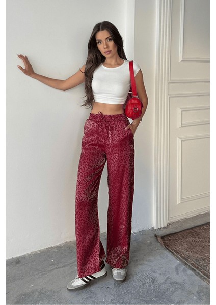 Kadın Leopar Desenli Yüksek Bel Saten Pantolon indirimleri
