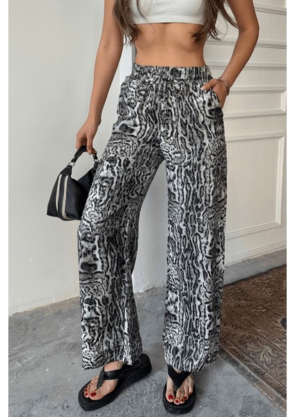 Kadın Leopar Desenli Yüksek Bel Saten Pantolon