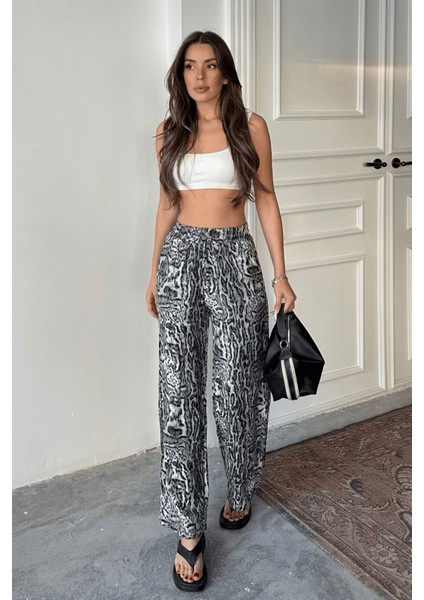 Kadın Leopar Desenli Yüksek Bel Saten Pantolon modelleri