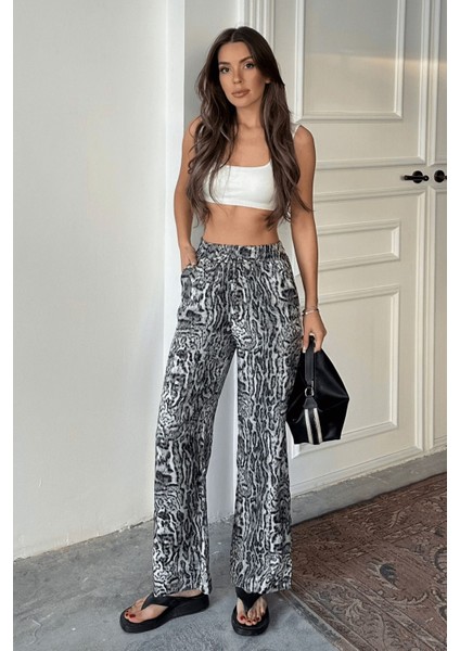 Kadın Leopar Desenli Yüksek Bel Saten Pantolon indirimleri