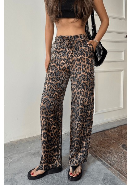Kadın Leopar Desenli Yüksek Bel Saten Pantolon