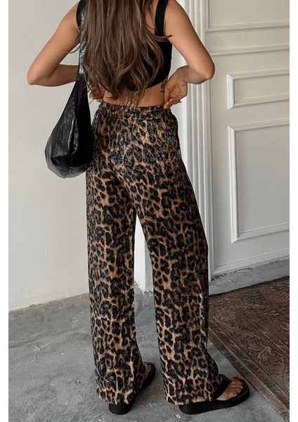Kadın Leopar Desenli Yüksek Bel Saten Pantolon fiyatları