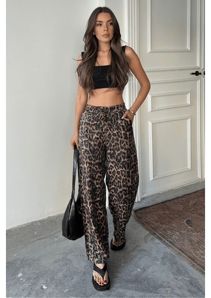 Kadın Leopar Desenli Yüksek Bel Saten Pantolon modelleri