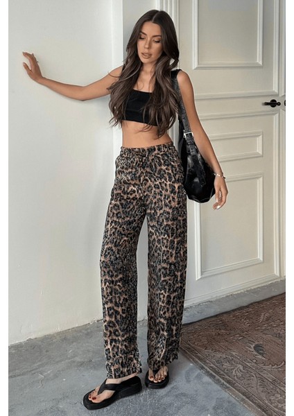 Kadın Leopar Desenli Yüksek Bel Saten Pantolon fırsatları