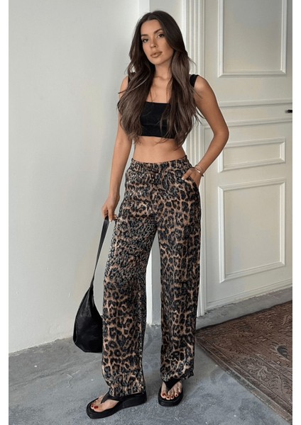 Kadın Leopar Desenli Yüksek Bel Saten Pantolon indirimleri